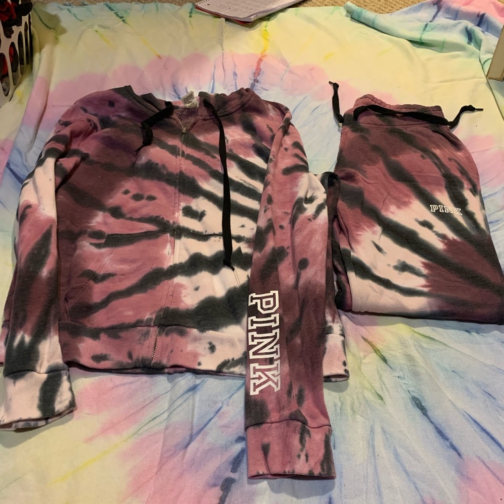 Victoria secret set. Purple tie dye. Jacket large. Joggers small.